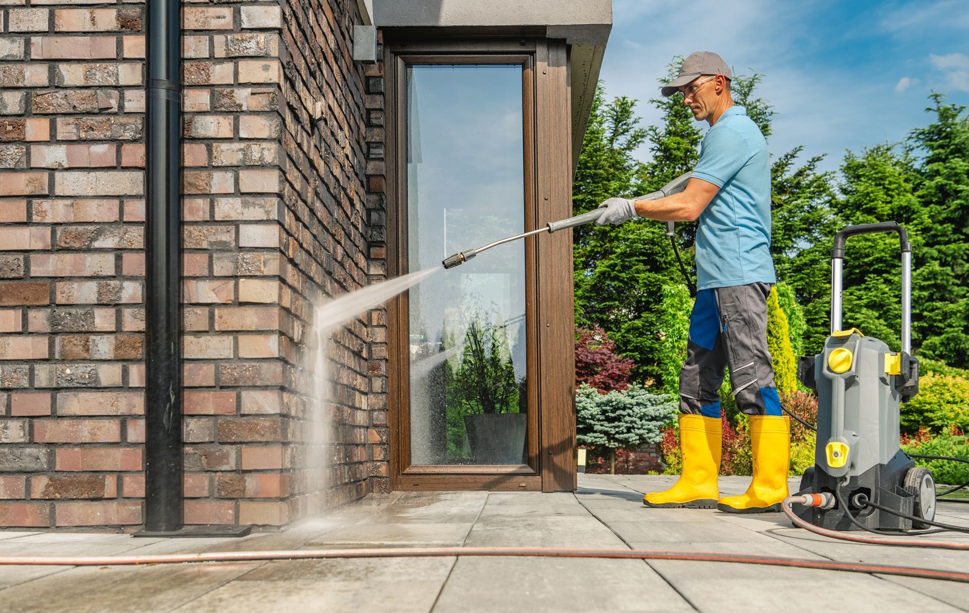 Worker pressure-washing a brick house exterior beside a glass door, wearing yellow boots and a cap.