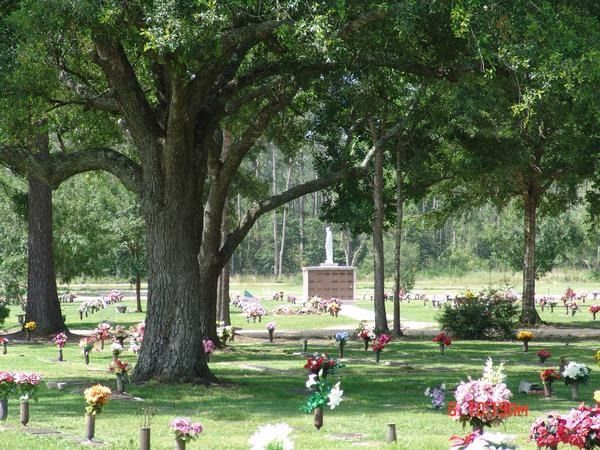 Gravestones beneath large trees in a green cemetery, with colorful flower arrangements scattered throughout.