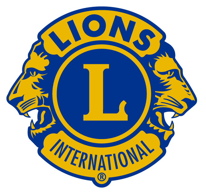 Lions International logo with blue and gold lions, large L in center, and circular text
