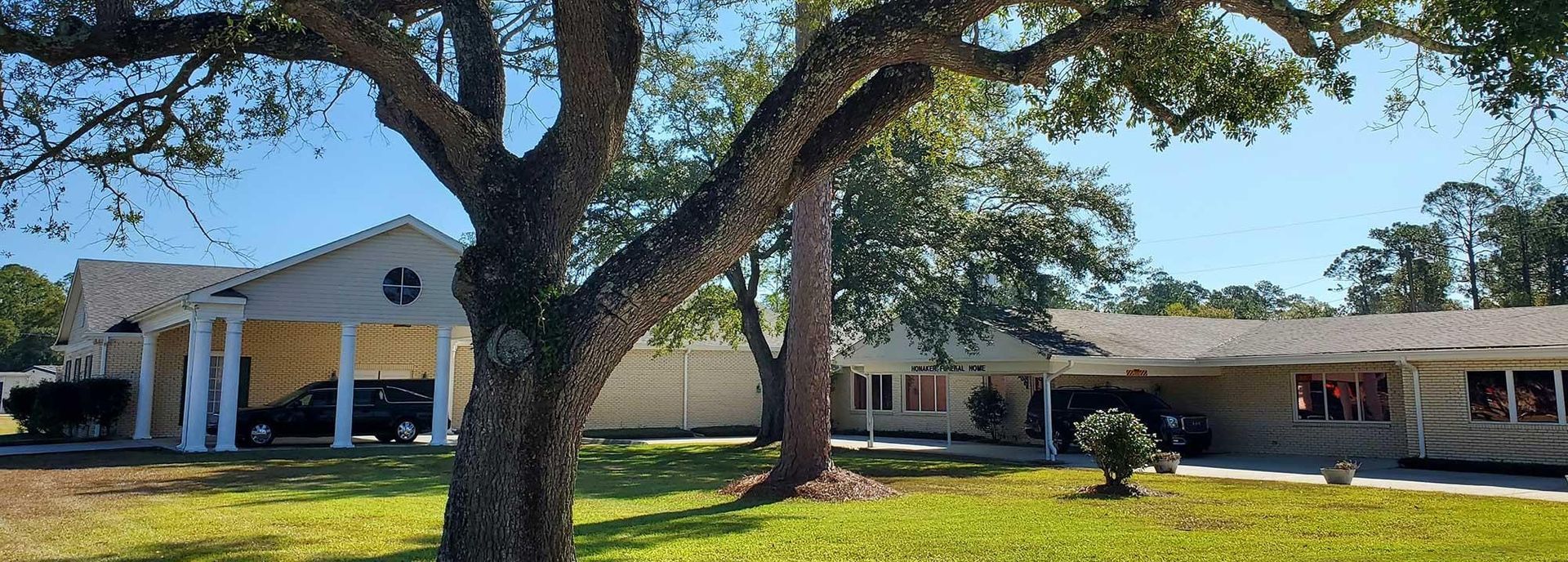 Single-story white house with columns, a large oak tree, and a driveway in front yard in daylight