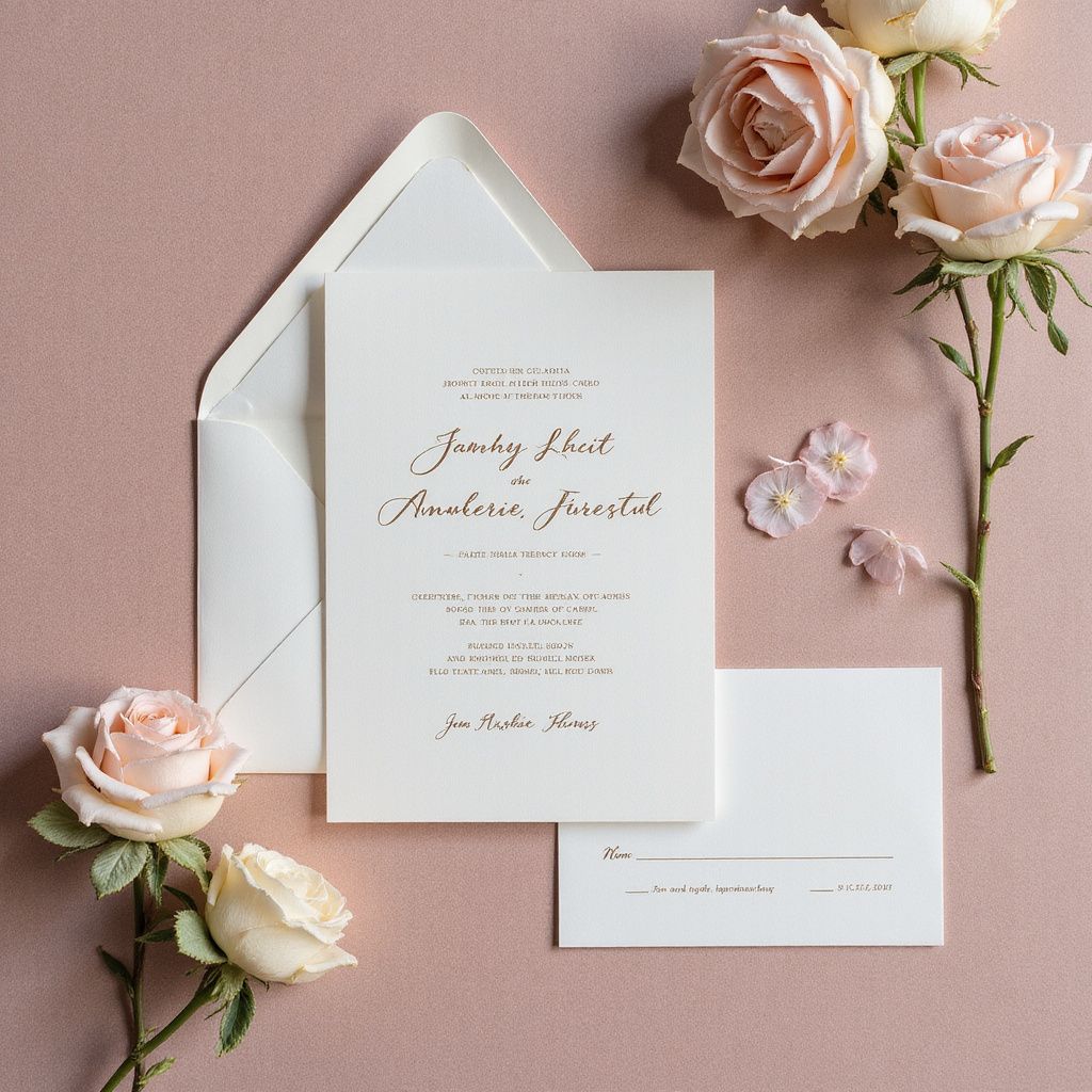 Wedding invitation with envelope, reply card, and flowers on a pink background.
