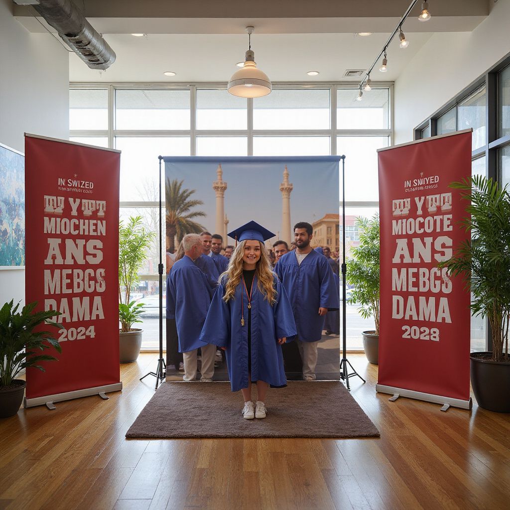 our Smiling graduate customer in blue gown and cap stands before backdrop, flanked by banners, in a building.