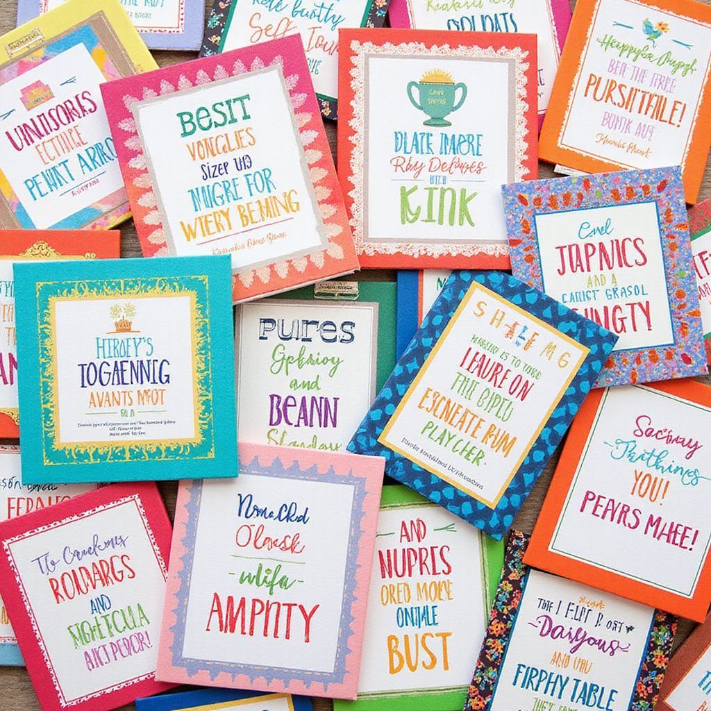 Assorted colorful cards with stylized text and decorative borders, displayed on a wooden surface.