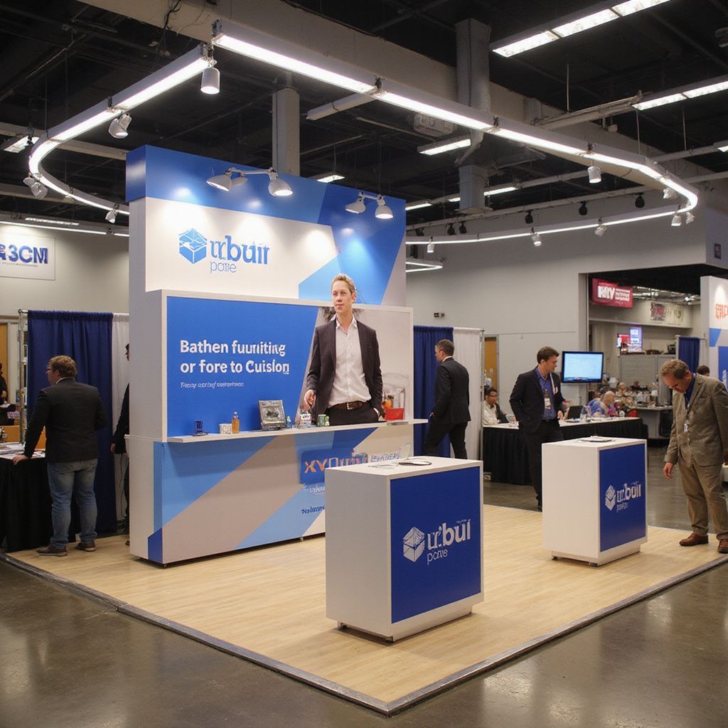 Trade show booth with a person speaking. Blue and white branding, people nearby.