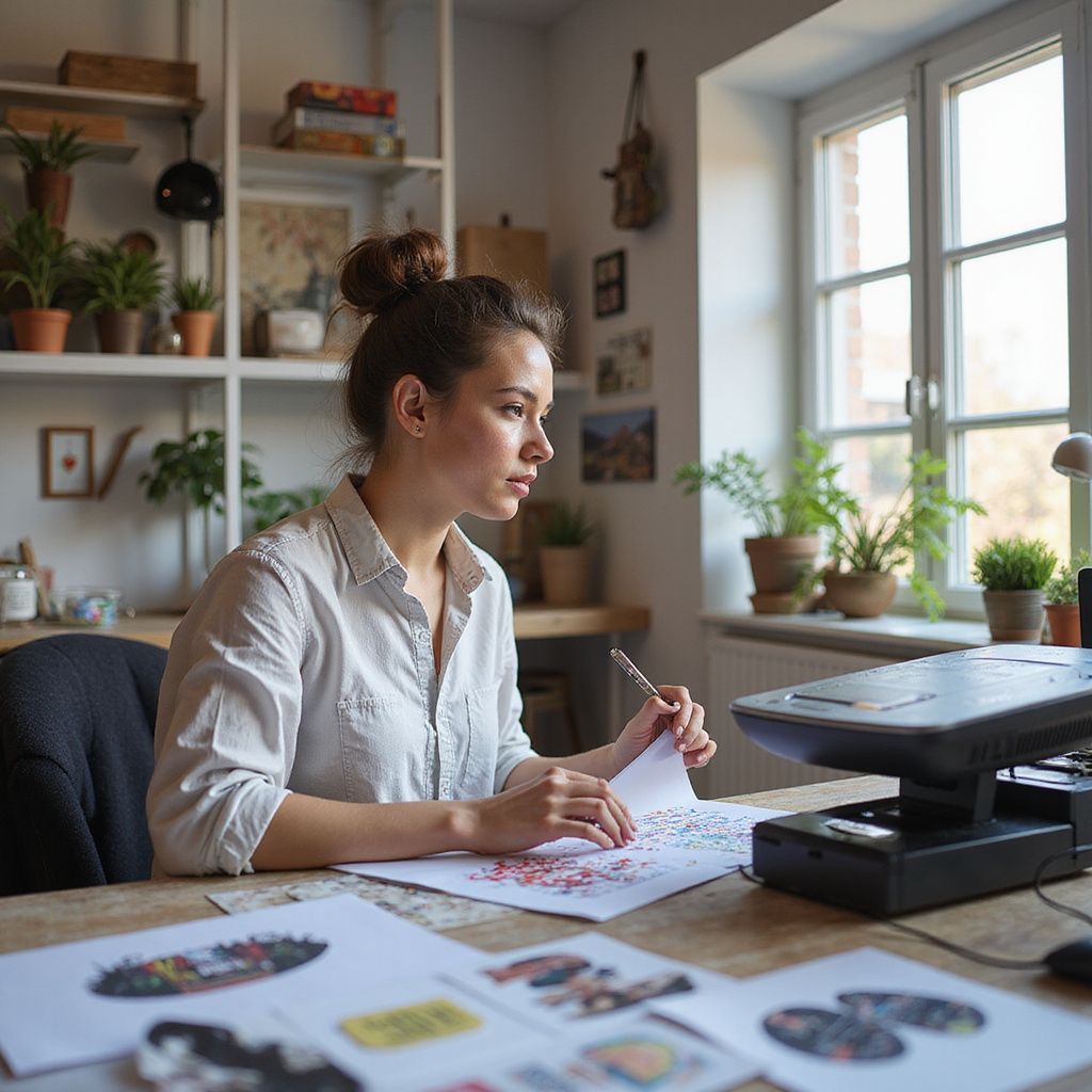 Woman at a desk with a printer, drawing on paper in a bright room with plants.