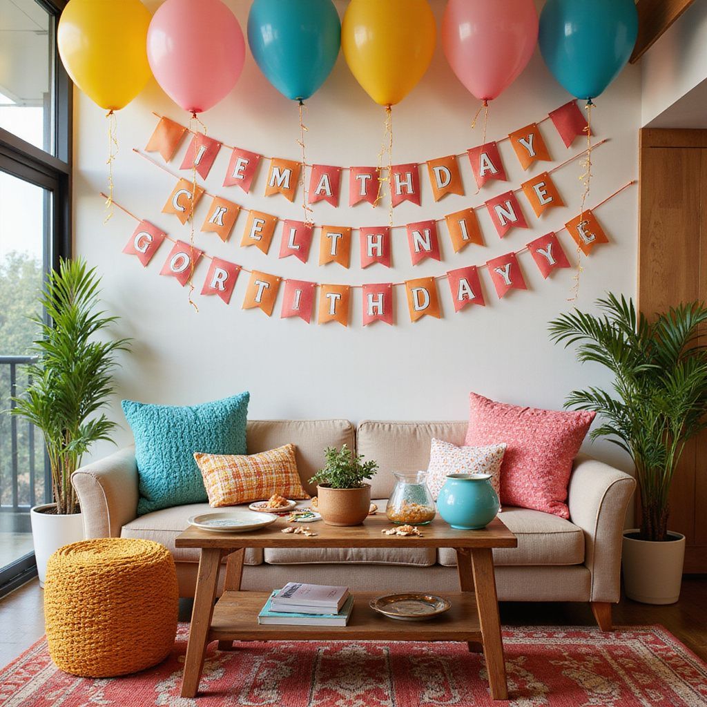 Living room decorated for a birthday: sofa, balloons, banner saying 