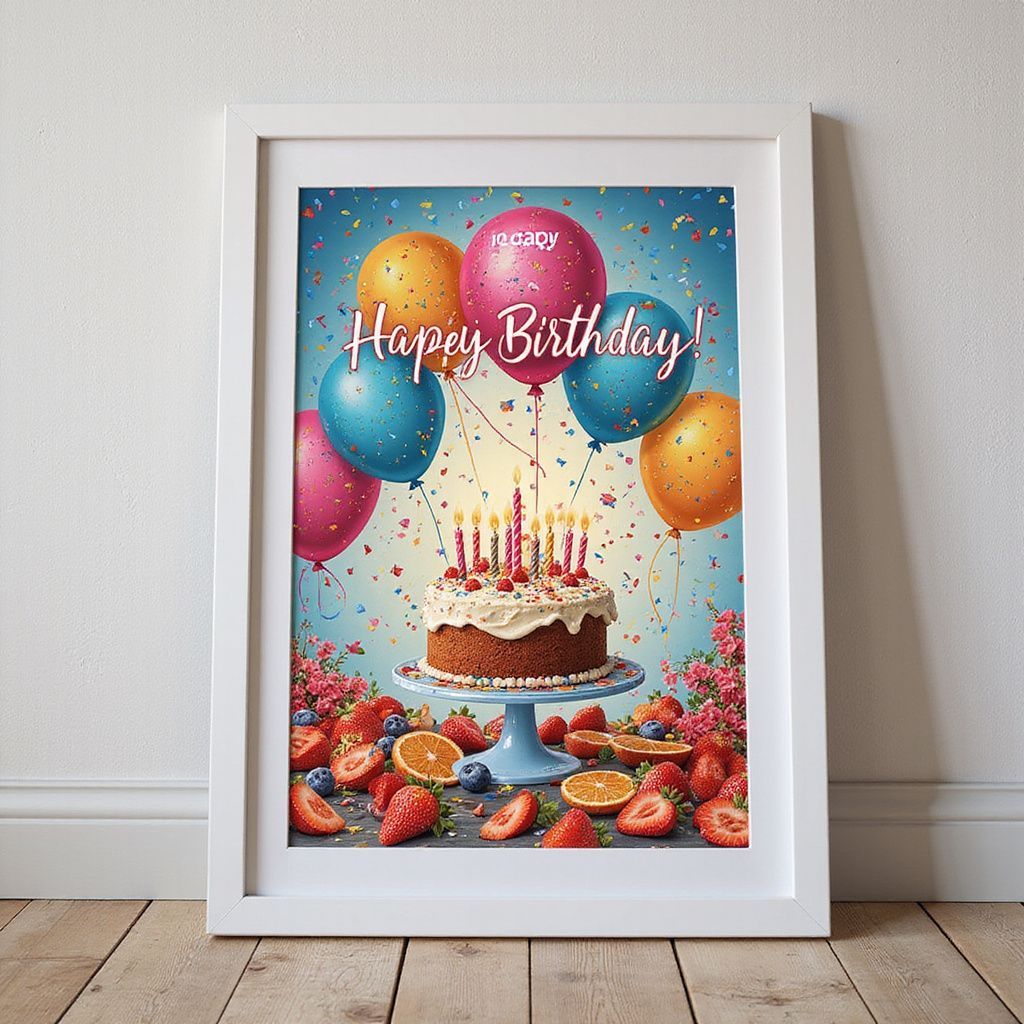 White-framed birthday art: cake with candles, balloons, confetti, berries, oranges; “Happy Birthday!” text.