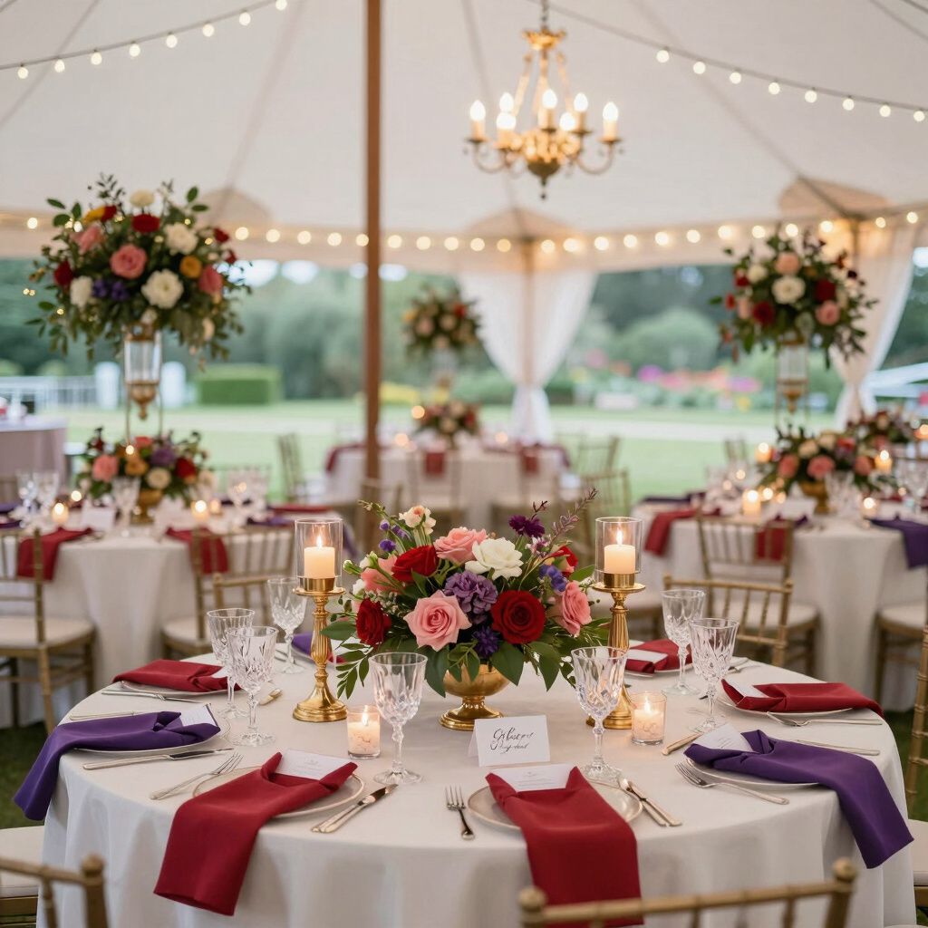 Elegant outdoor wedding reception tables with floral centerpieces, candles, and red and purple napkins.