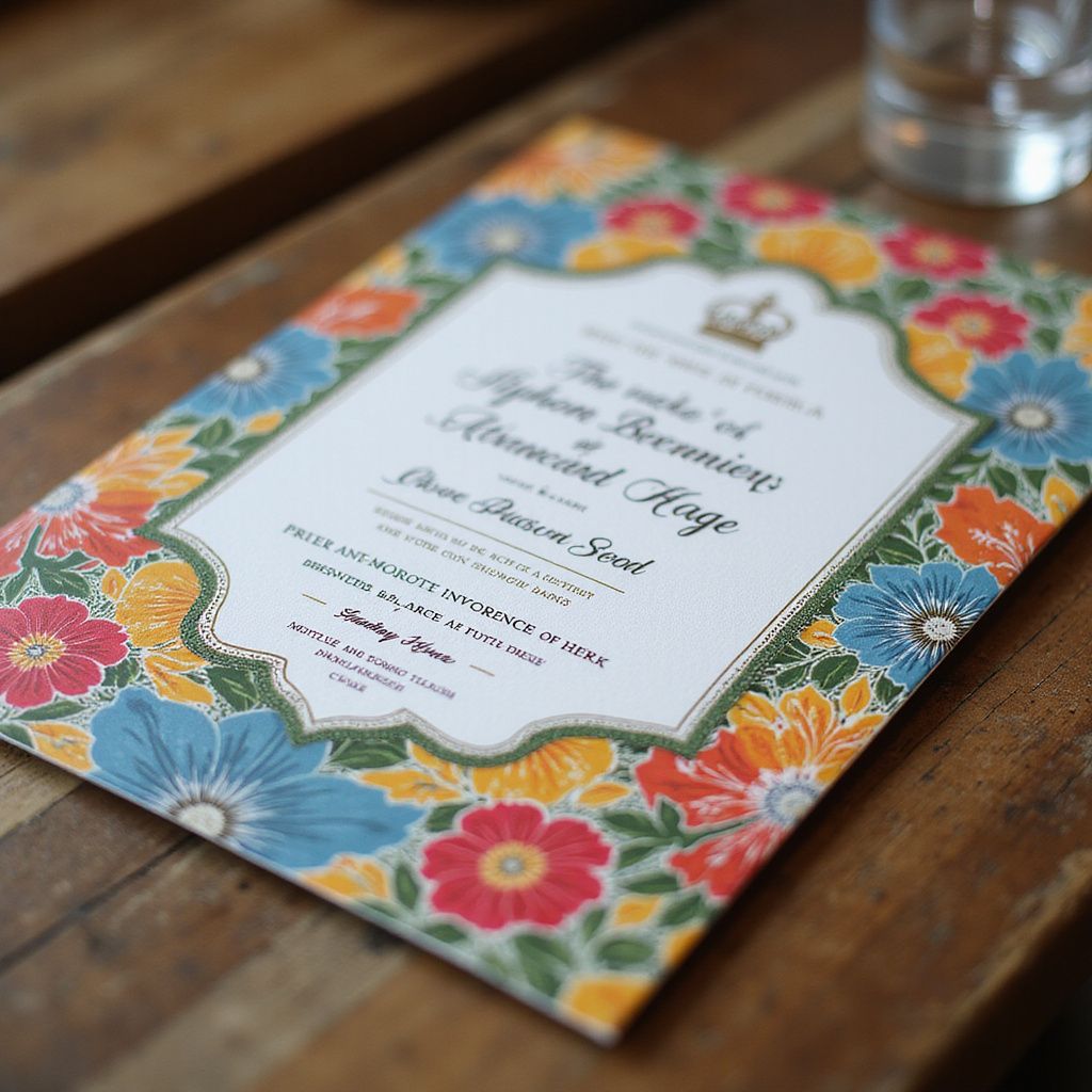 Floral wedding invitation on a wooden table. Bright flowers surround the white text with a crown on top.