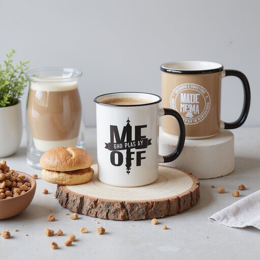Three mugs, coffee, a sandwich, and snacks on a wooden surface, with plant and a drink in a glass.