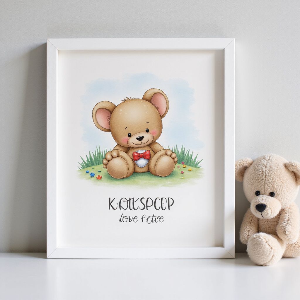Framed teddy bear illustration with a bow tie, next to a stuffed teddy bear on a white surface.