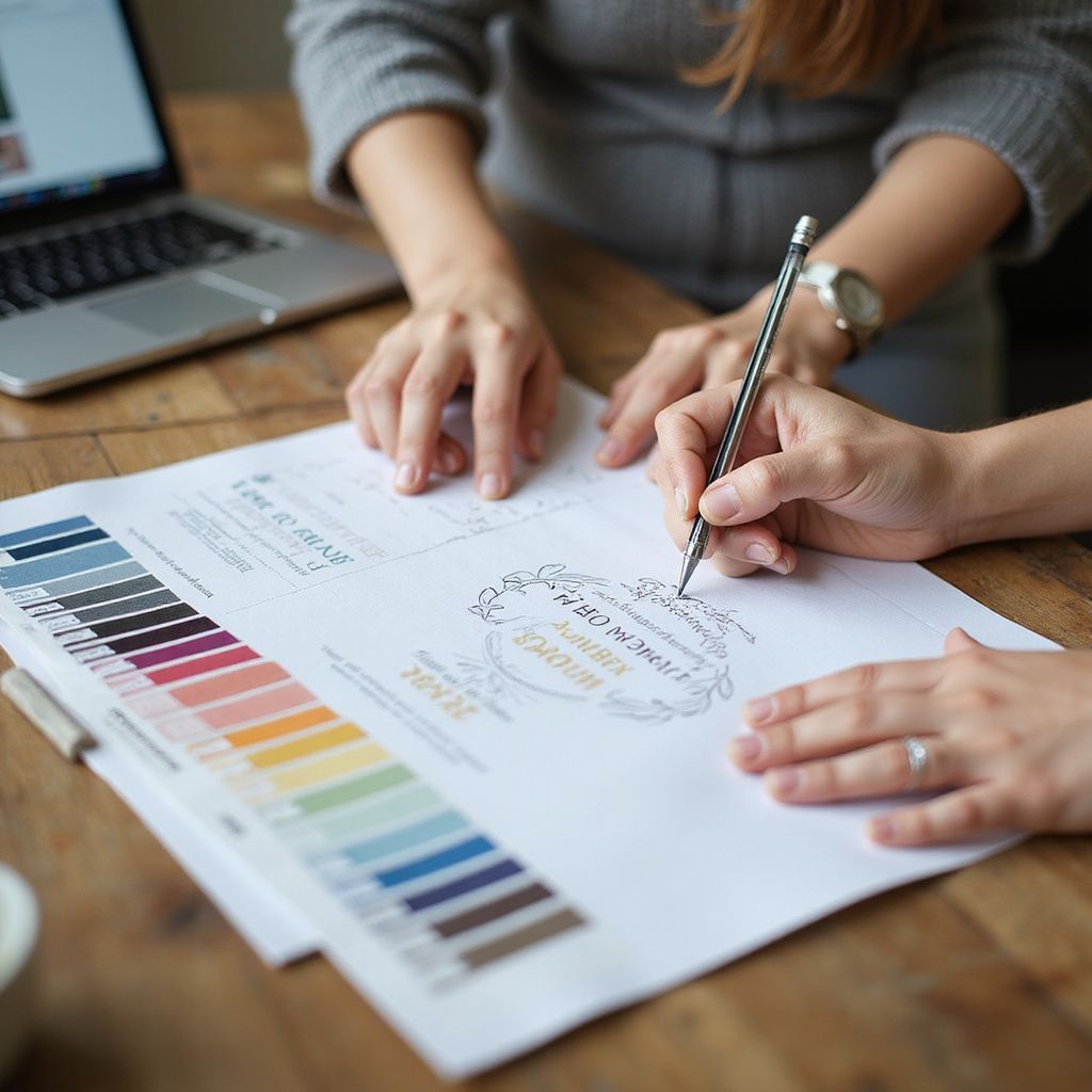 Two people designing, sketching a logo on paper, color swatches, laptop on wooden table.