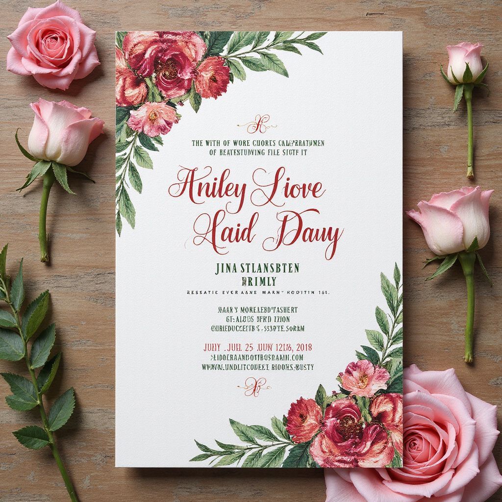 Wedding invitation with floral accents, centered text: 
