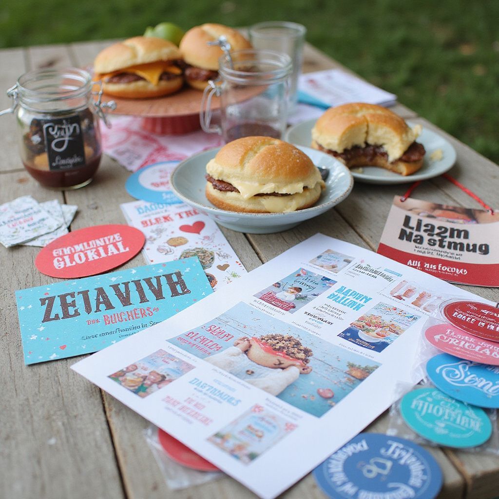 Hamburgers, treats, and colorful promotional materials on a wooden table outdoors.