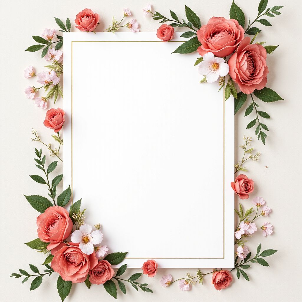 A blank rectangular card framed by coral roses, white flowers, and green leaves on a white background.