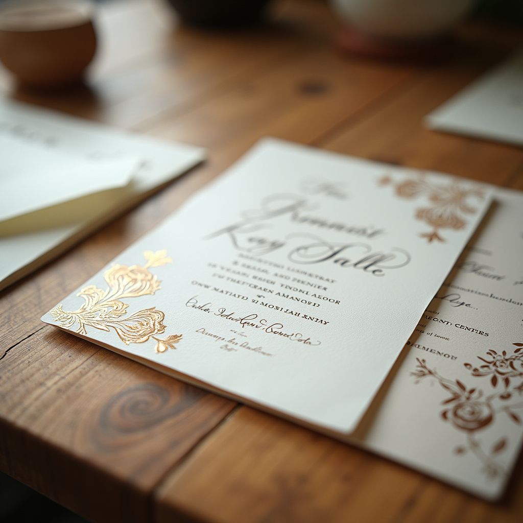 Close-up of elegant wedding invitations on a wooden table, featuring gold floral embellishments and calligraphy.