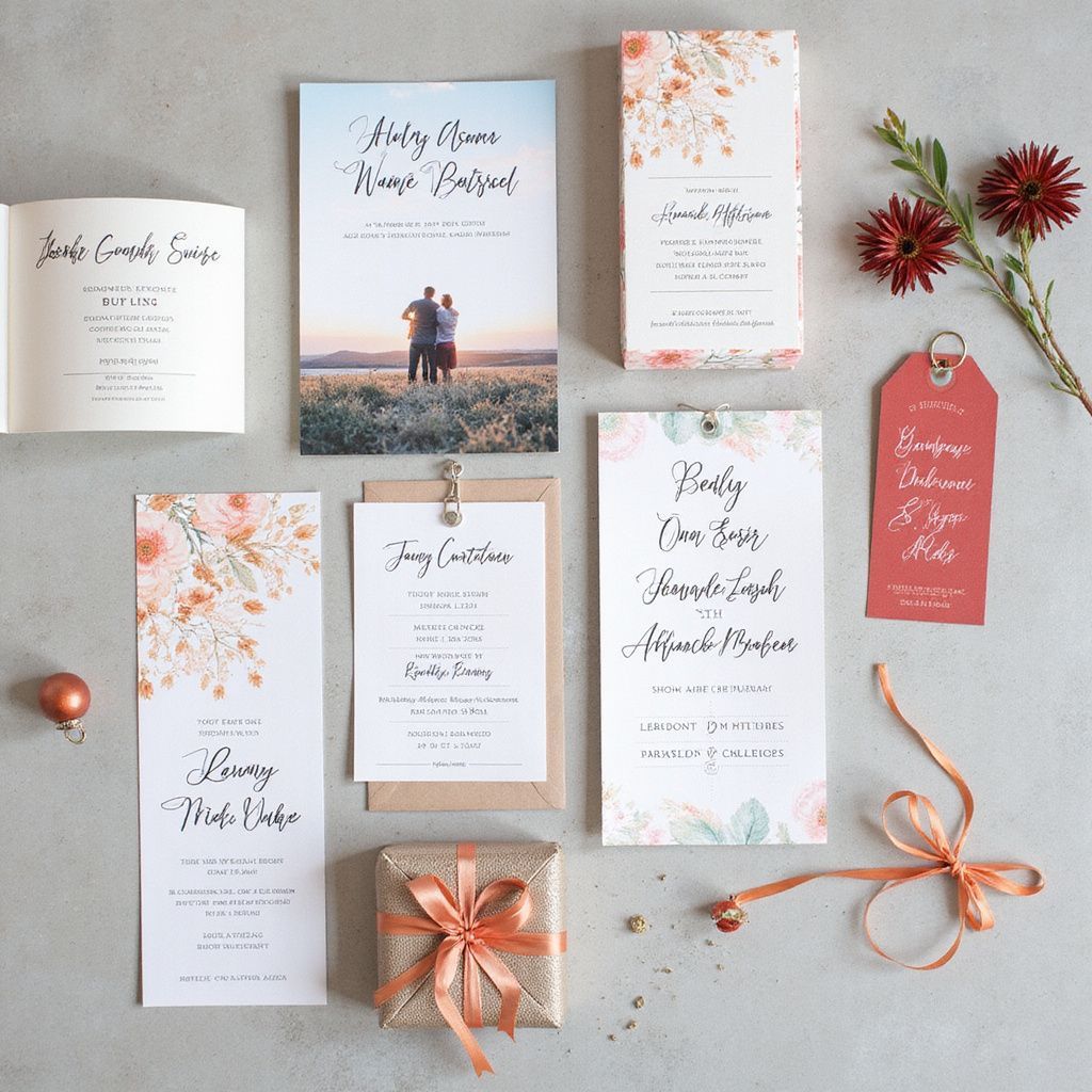 Wedding invitation suite with floral designs, featuring cards, a gift, and flowers.