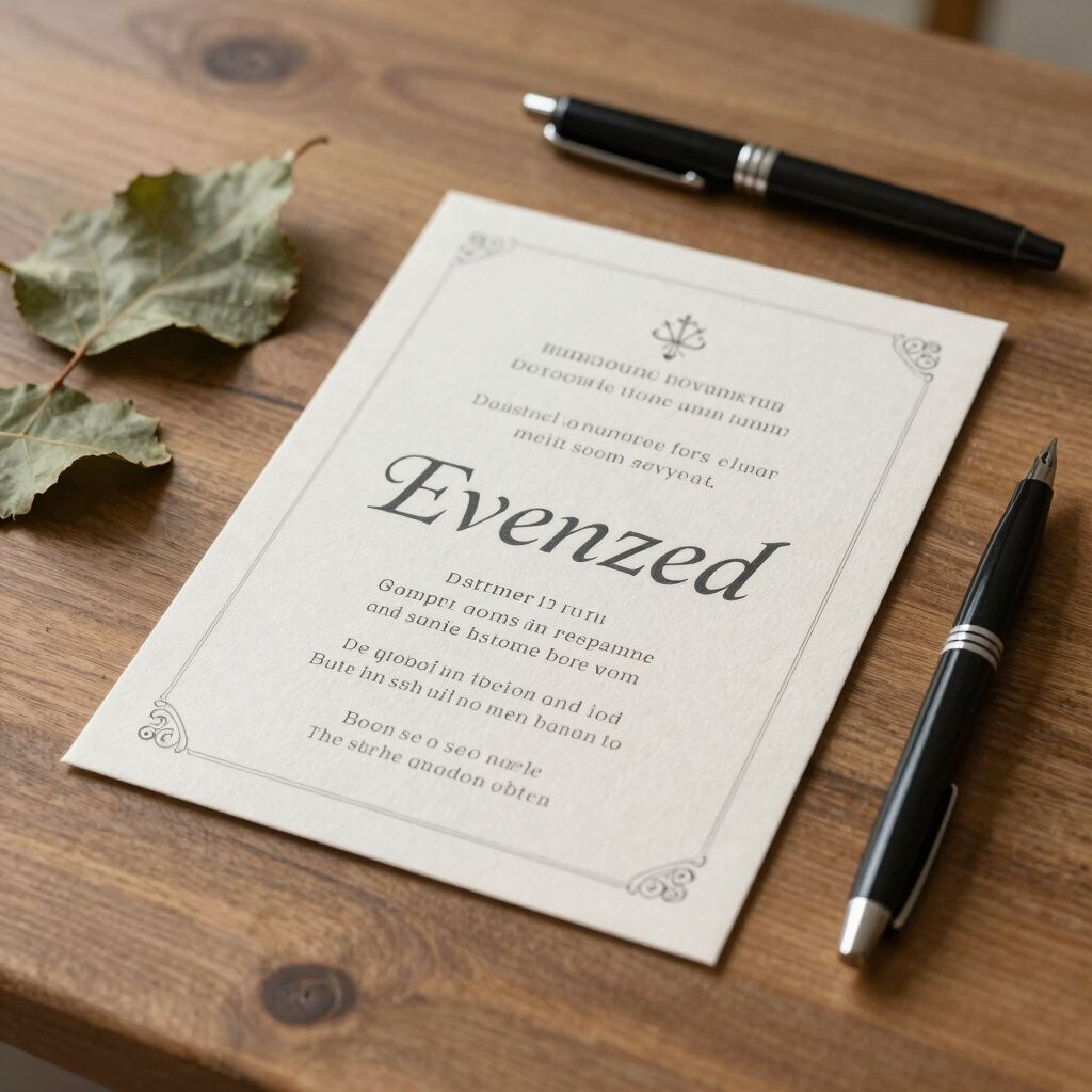 A card with "Evenzed" text, two pens, and a leaf on a wooden surface.