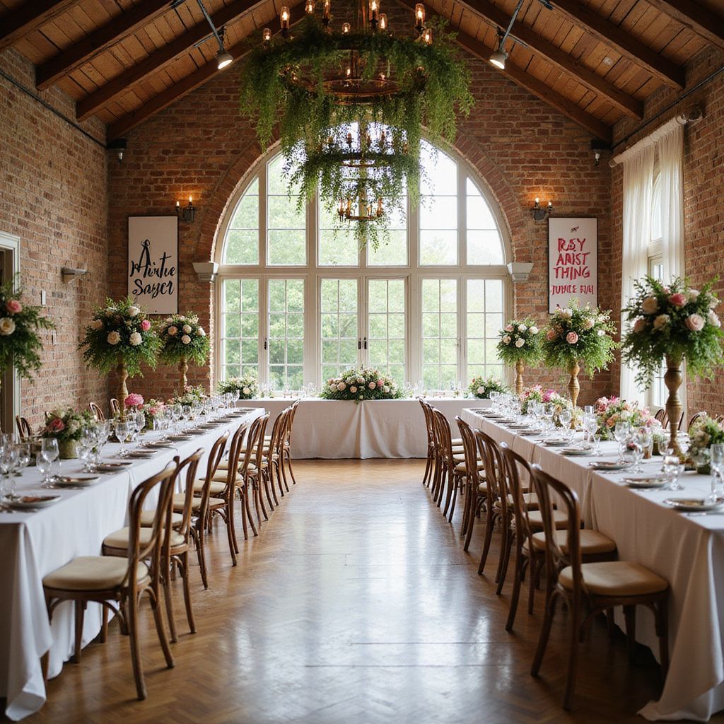 Elegant wedding reception in a brick-walled room with long tables set for guests, adorned with floral arrangements.