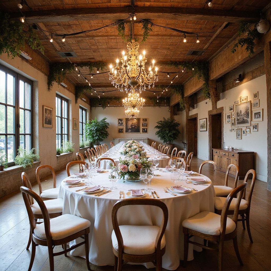 Elegant dining room set for a formal gathering. Long table with floral centerpiece, chandeliers, and surrounding chairs.