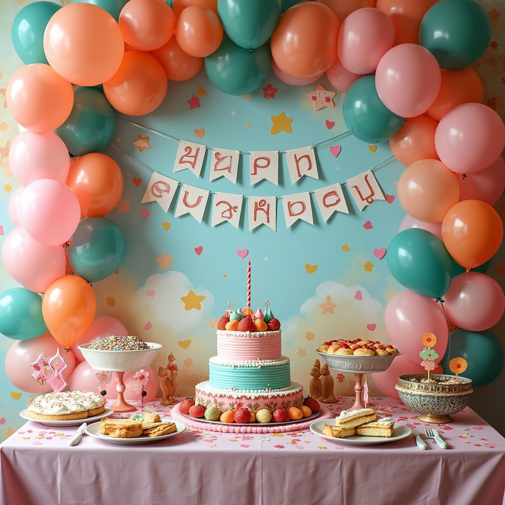 Birthday party setting with balloons and cake, pink and teal color scheme. Table with desserts and banner.