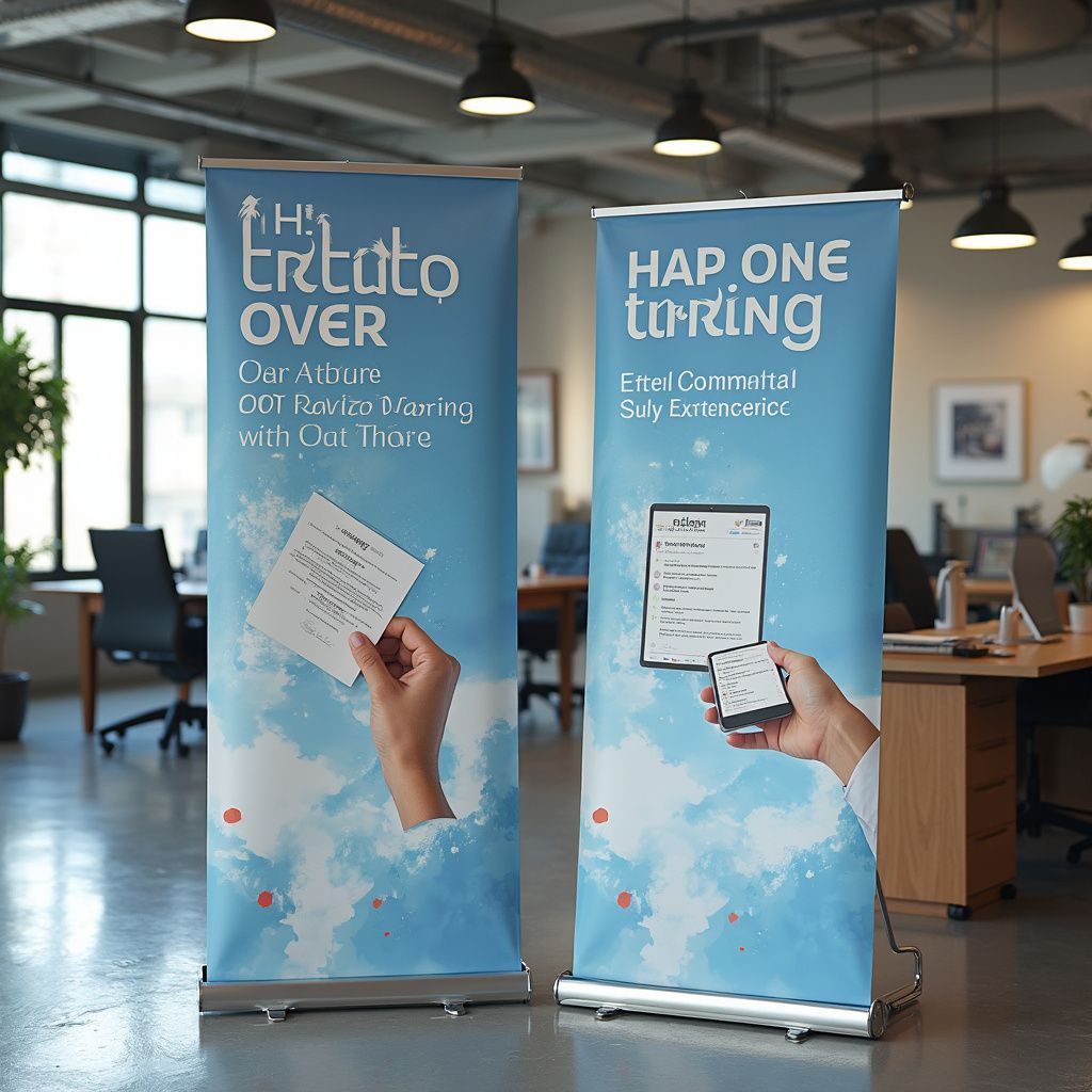 Two retractable banners with light blue backgrounds. One says 