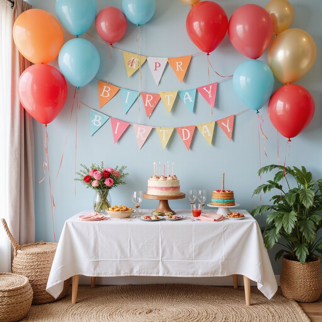 Birthday party scene with balloons, banner, cake, and table set for celebration.