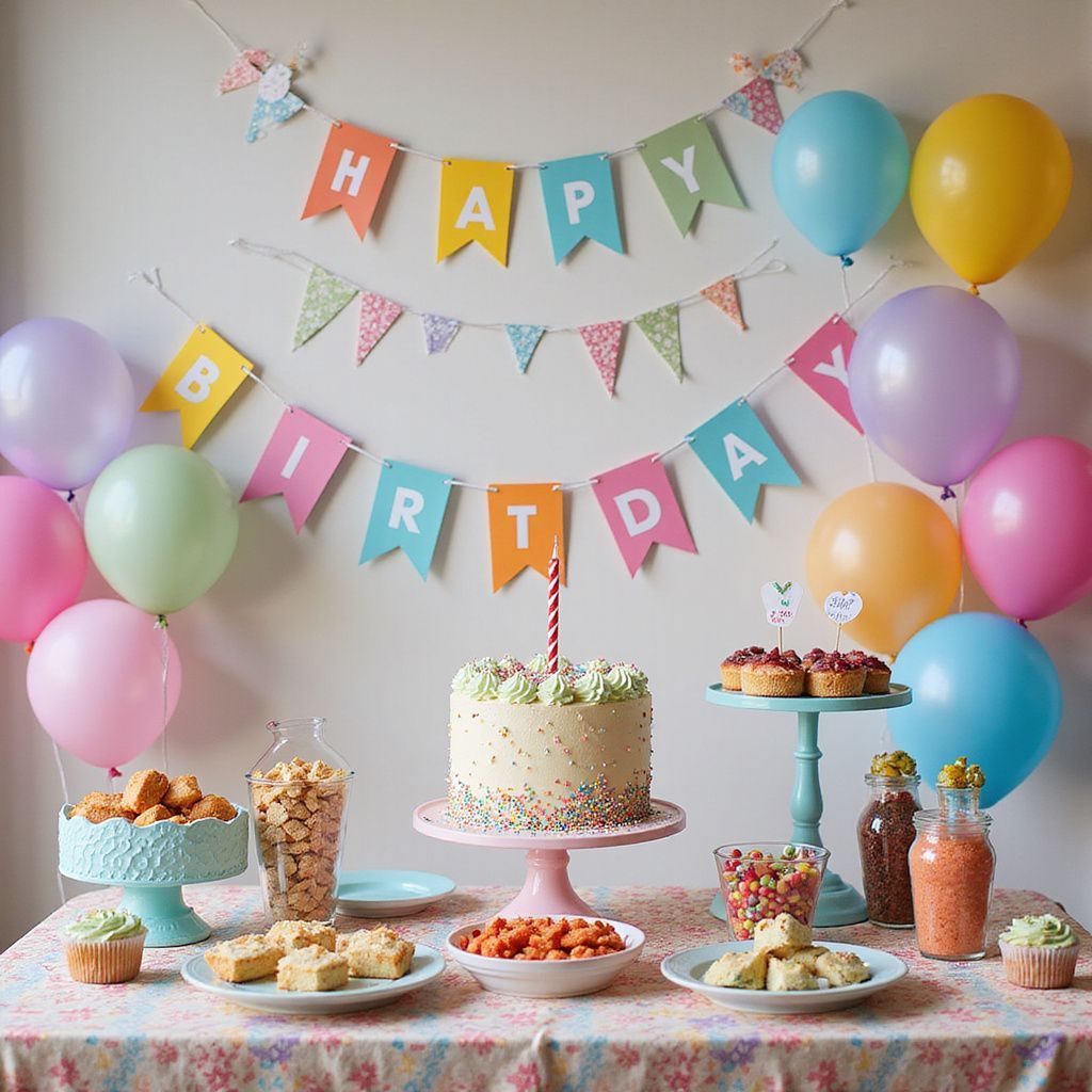 Birthday party setup with cake, balloons, banners, and treats on a floral tablecloth.