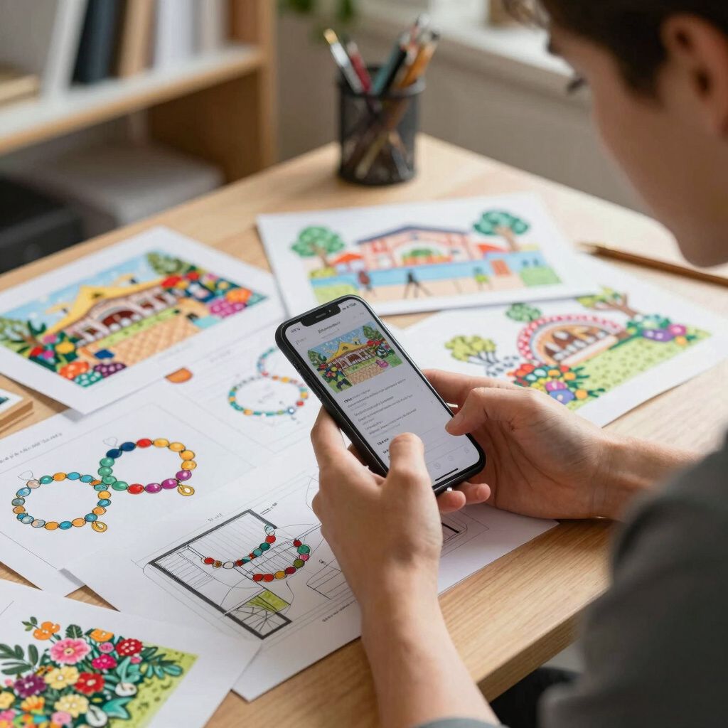 Person holding phone, looking at colorful designs on paper, pencils in a holder on a desk.