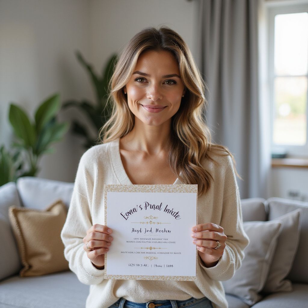 our customer  smiles, holding a certificate indoors. She's in a beige sweater, near a sofa. Certificate has text and gold border.