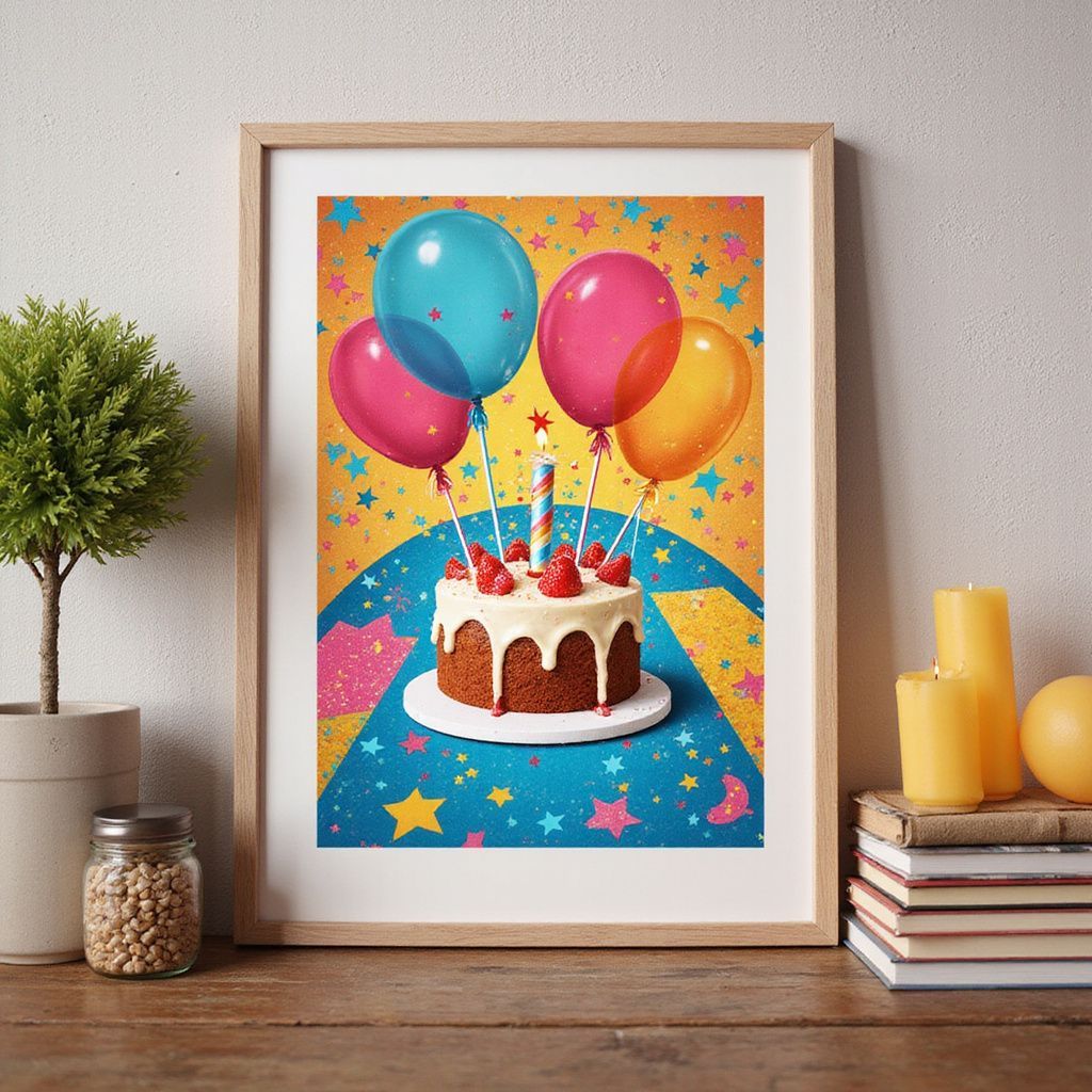 Birthday cake with balloons in a framed print, set on a table with candles and a potted plant.