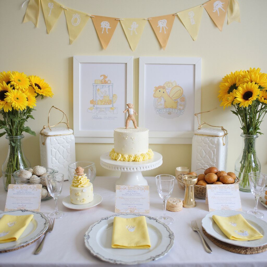A decorated table with a cake and flowers for a baby shower. Yellow and white color scheme.
