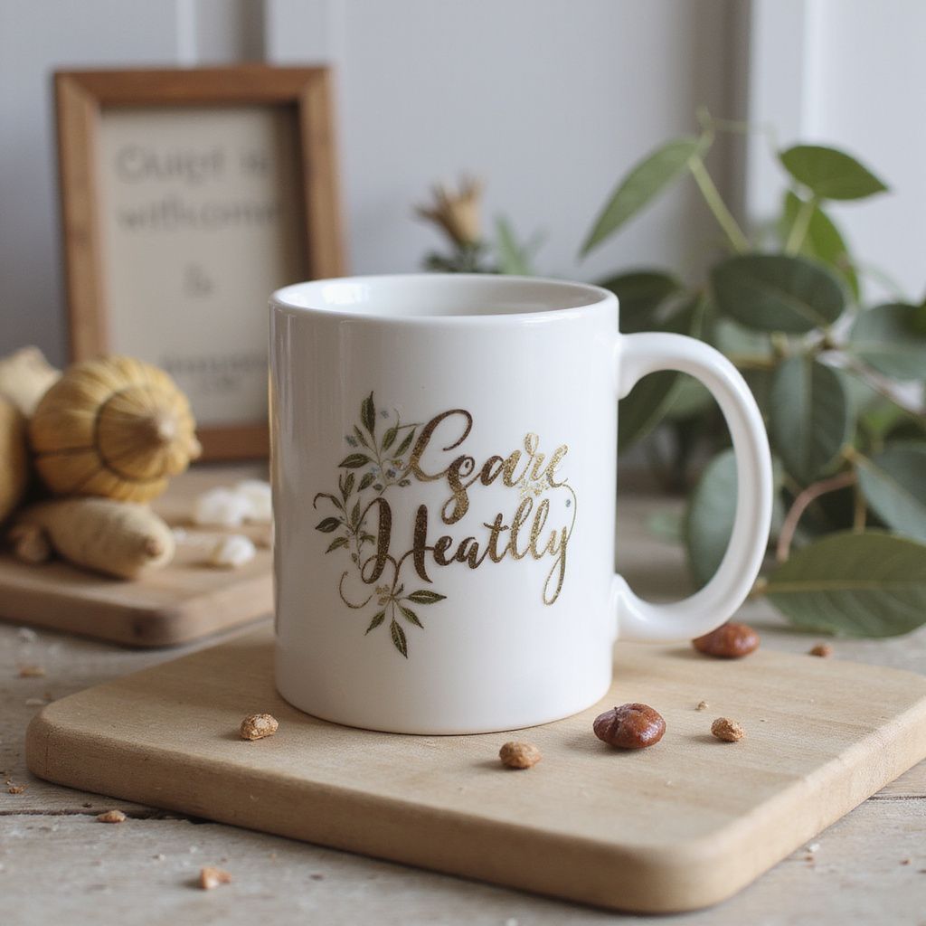 White mug with gold lettering 