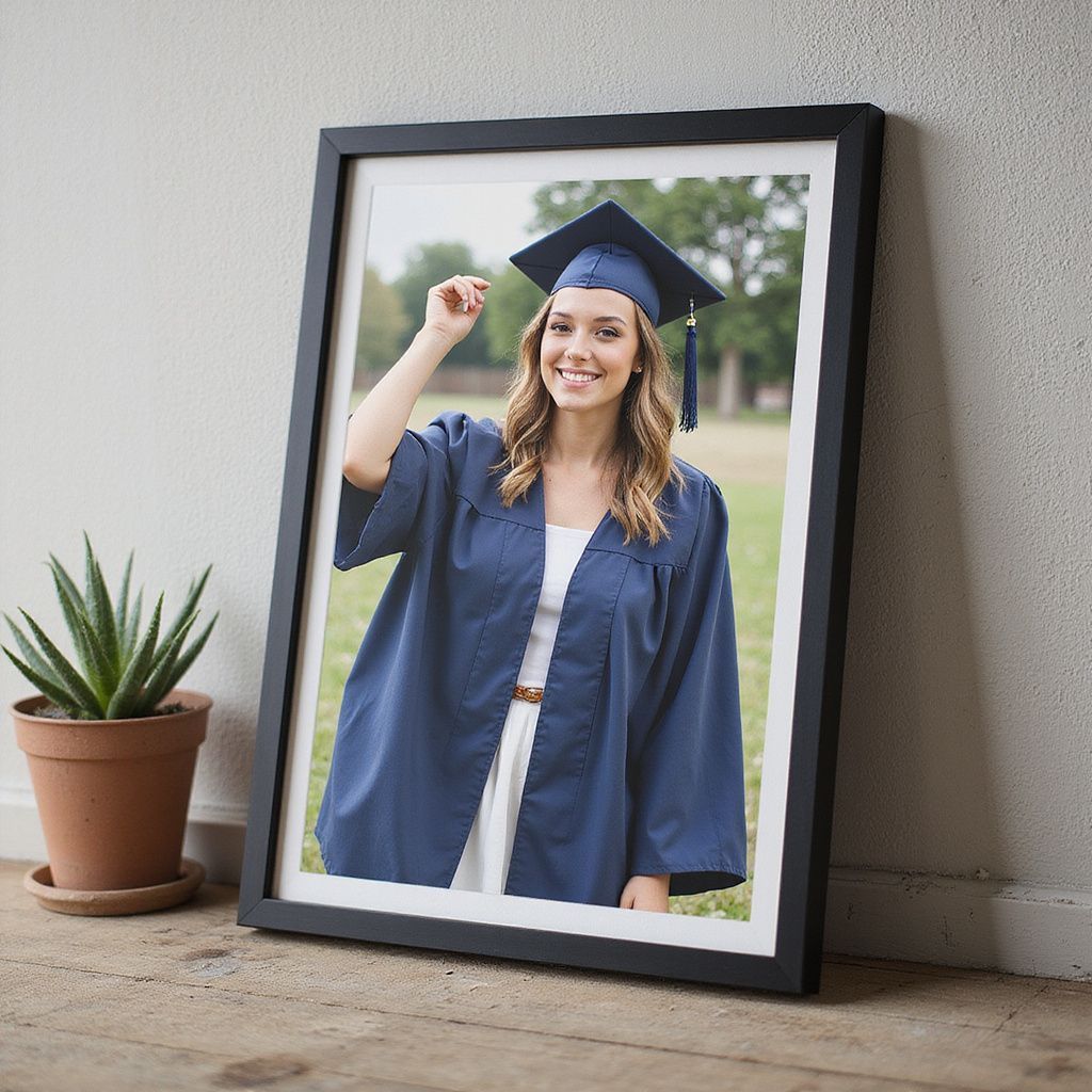 Framed graduation photo of a woman in a blue gown and cap, smiling. Leaning on a wall next to a potted plant.