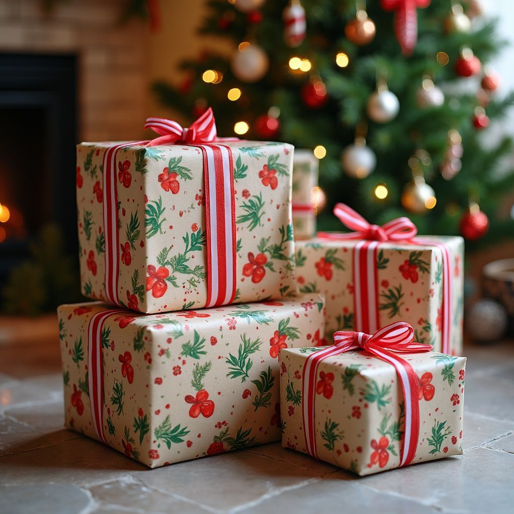 Christmas gifts wrapped in festive paper, stacked in front of a decorated tree.