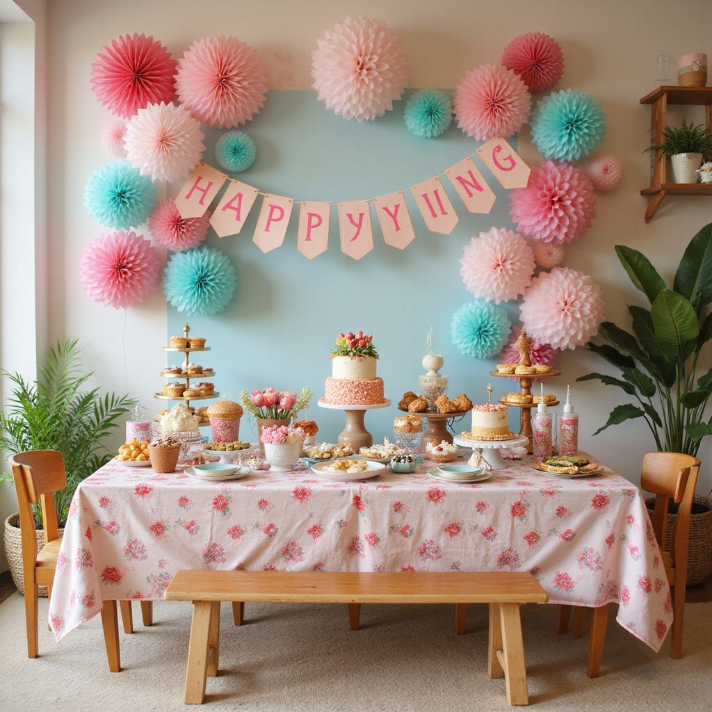 Party table decorated with pink and teal paper flowers, banner, and desserts.