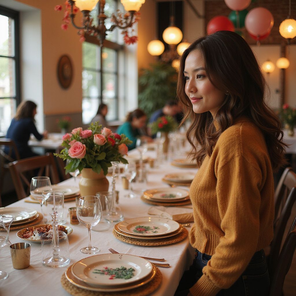 our customers enjoying a decorated table, a bouquet of roses, in a brightly lit dining room
