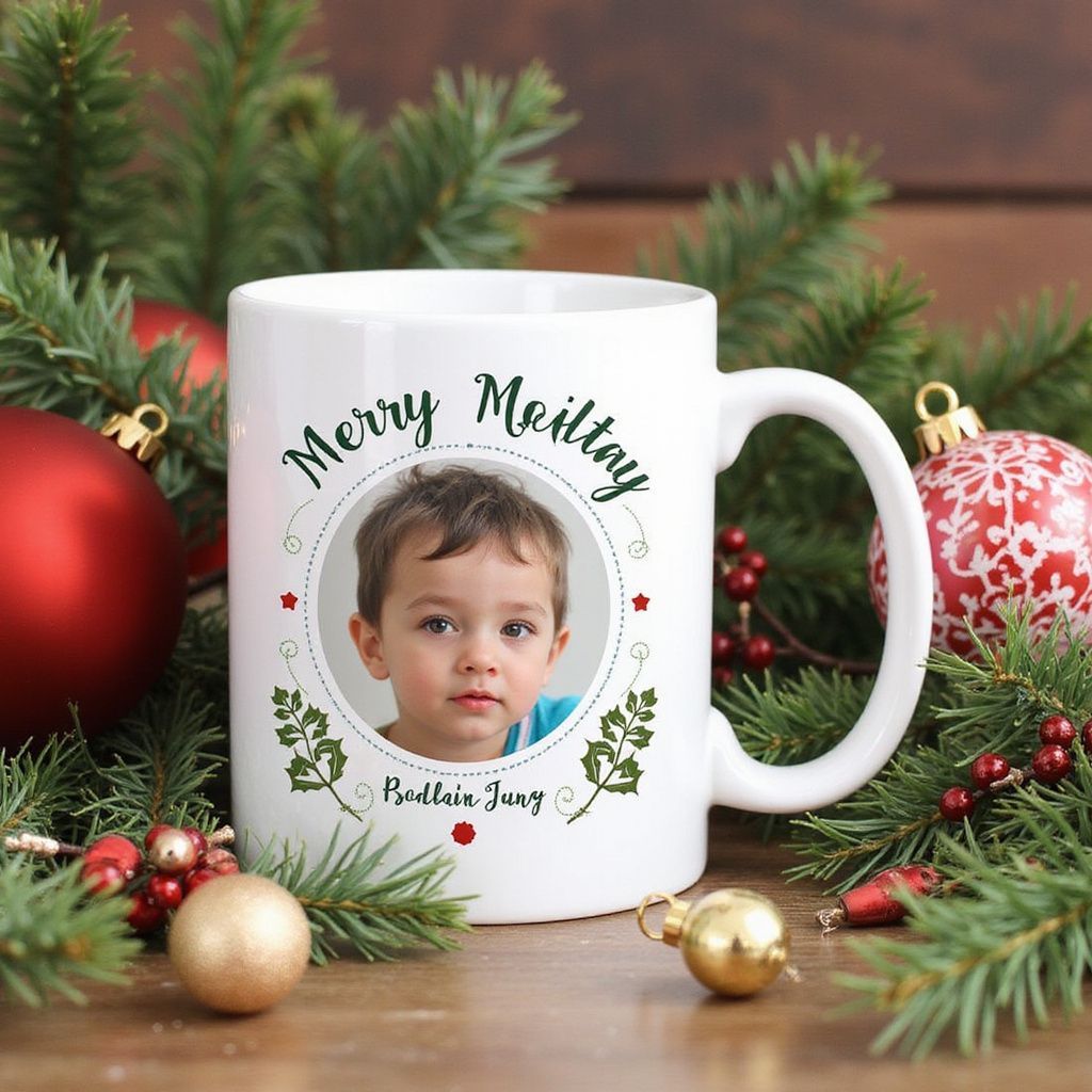 White mug with a photo of a child and holiday greenery.