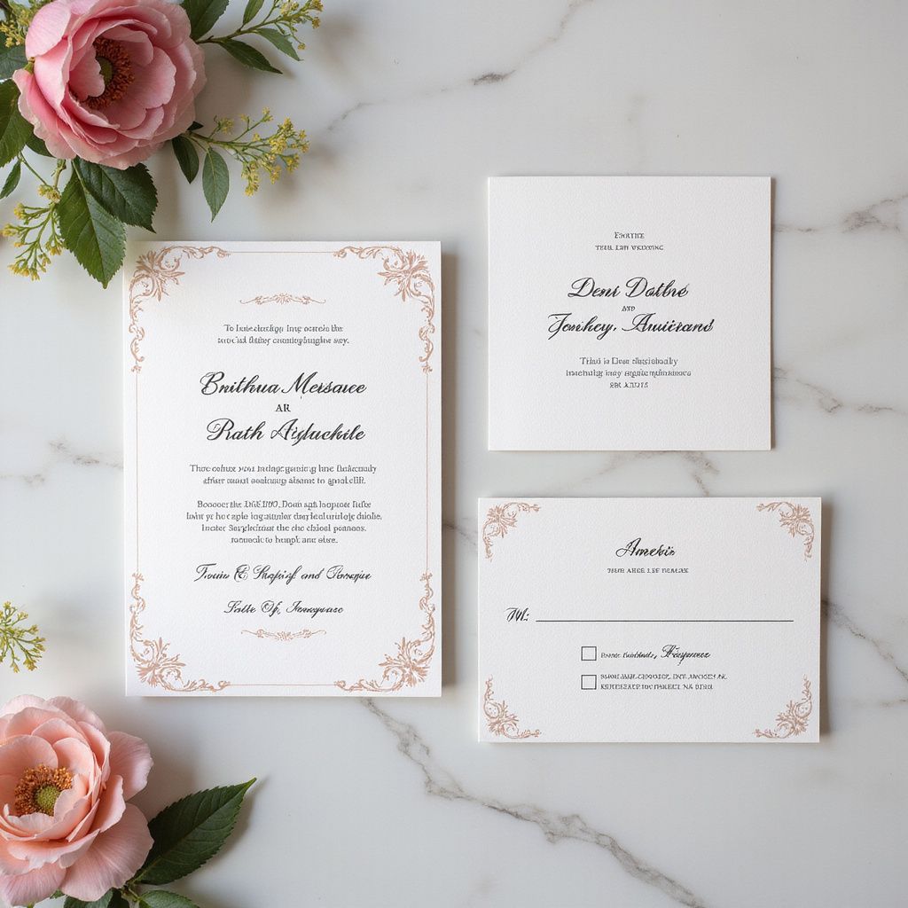 Wedding invitation suite with floral corner accents and blush roses.