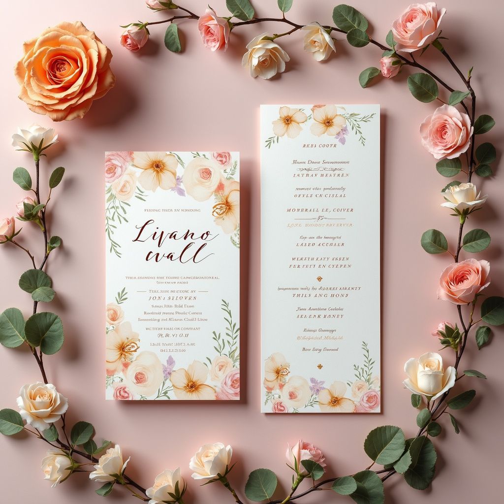Two floral wedding invitations surrounded by roses and foliage, on a pink surface.