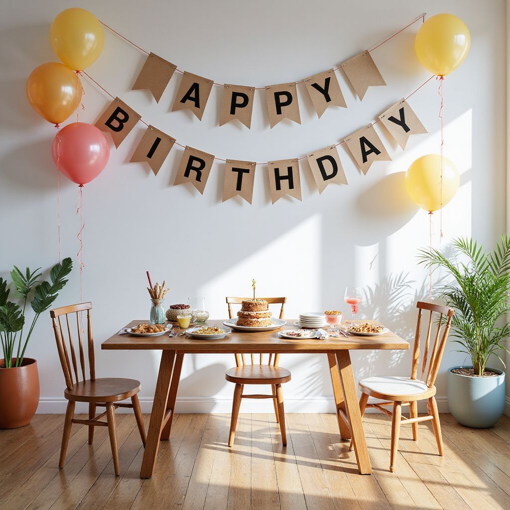 Birthday party setup: Table set with food, balloons, and 