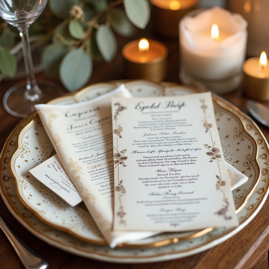 Formal dinner setting with menus, candles, and a decorated plate.