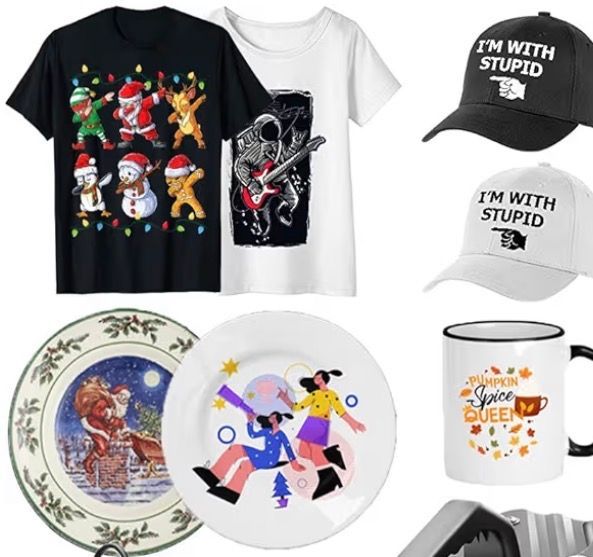 Variety of t-shirts, plates, mugs, and caps with various designs.