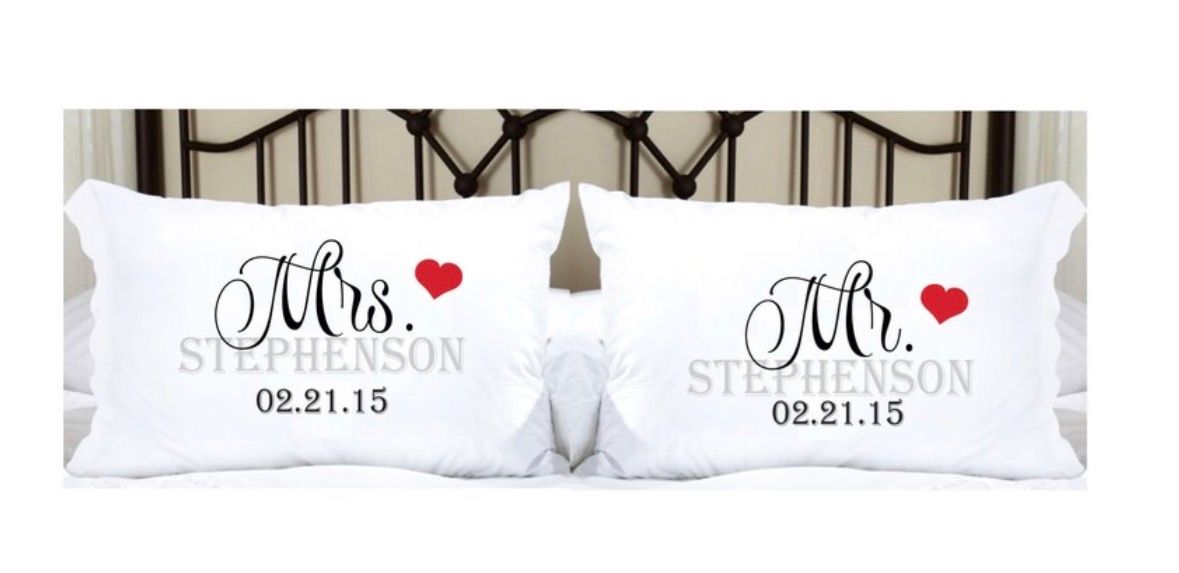 Two white pillows: “Mrs.” with a red heart, and “Mr.” with a red heart, both with “Stephenson” and date.