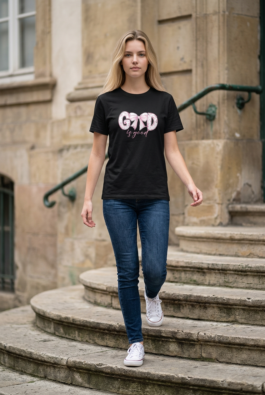 Woman walking down stone steps beside a building, wearing a black T-shirt, jeans, and white sneakers.