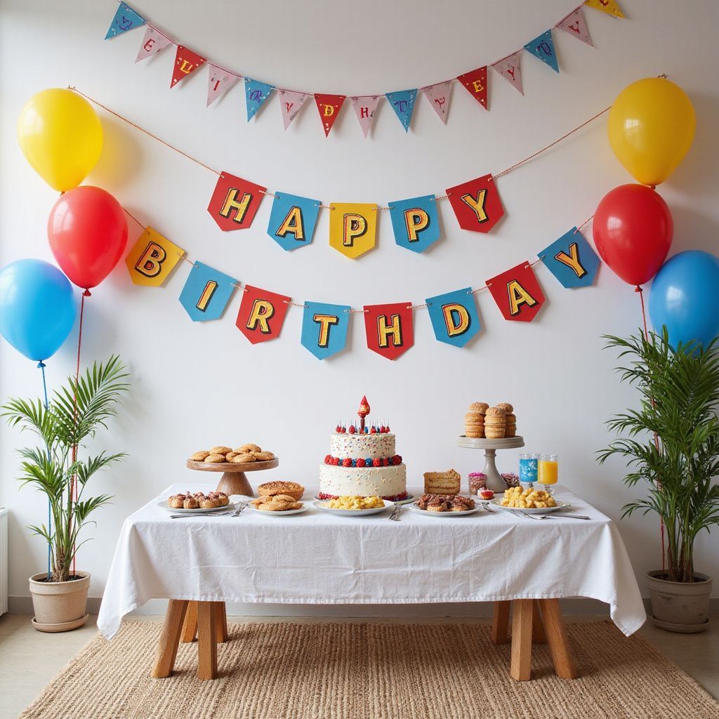 Birthday party setup with cake, treats, balloons, and 