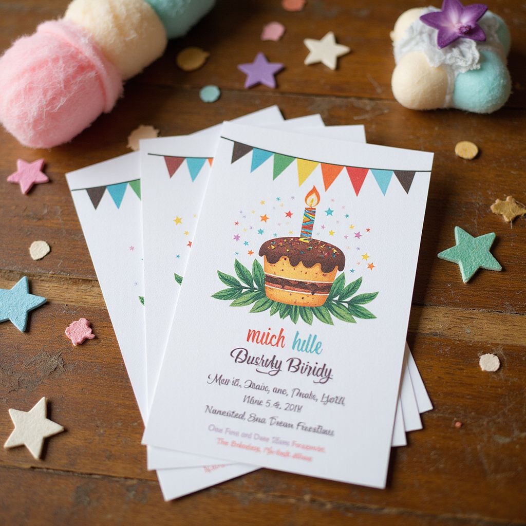Birthday party invitations with cake, colorful flags, and decorations on wood.