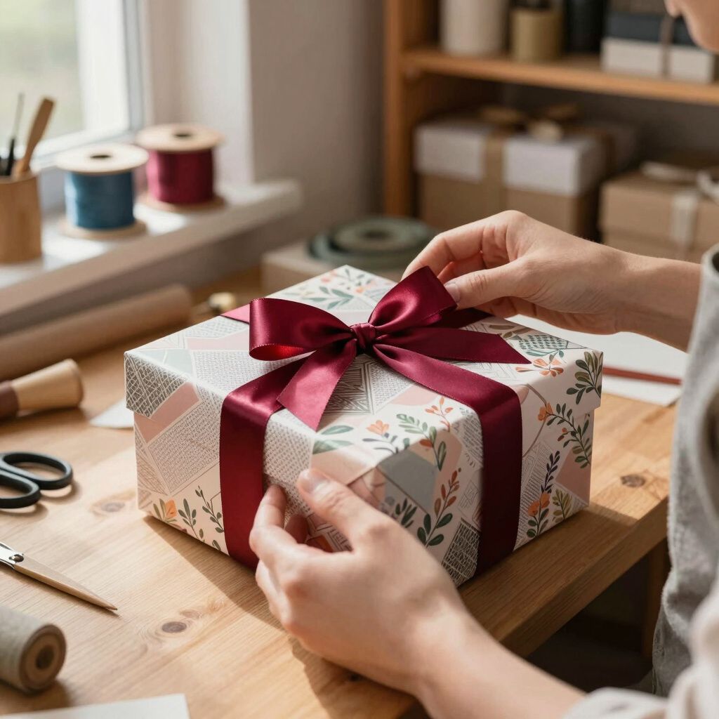 Hands tying a burgundy ribbon on a floral patterned gift box on a wooden table.