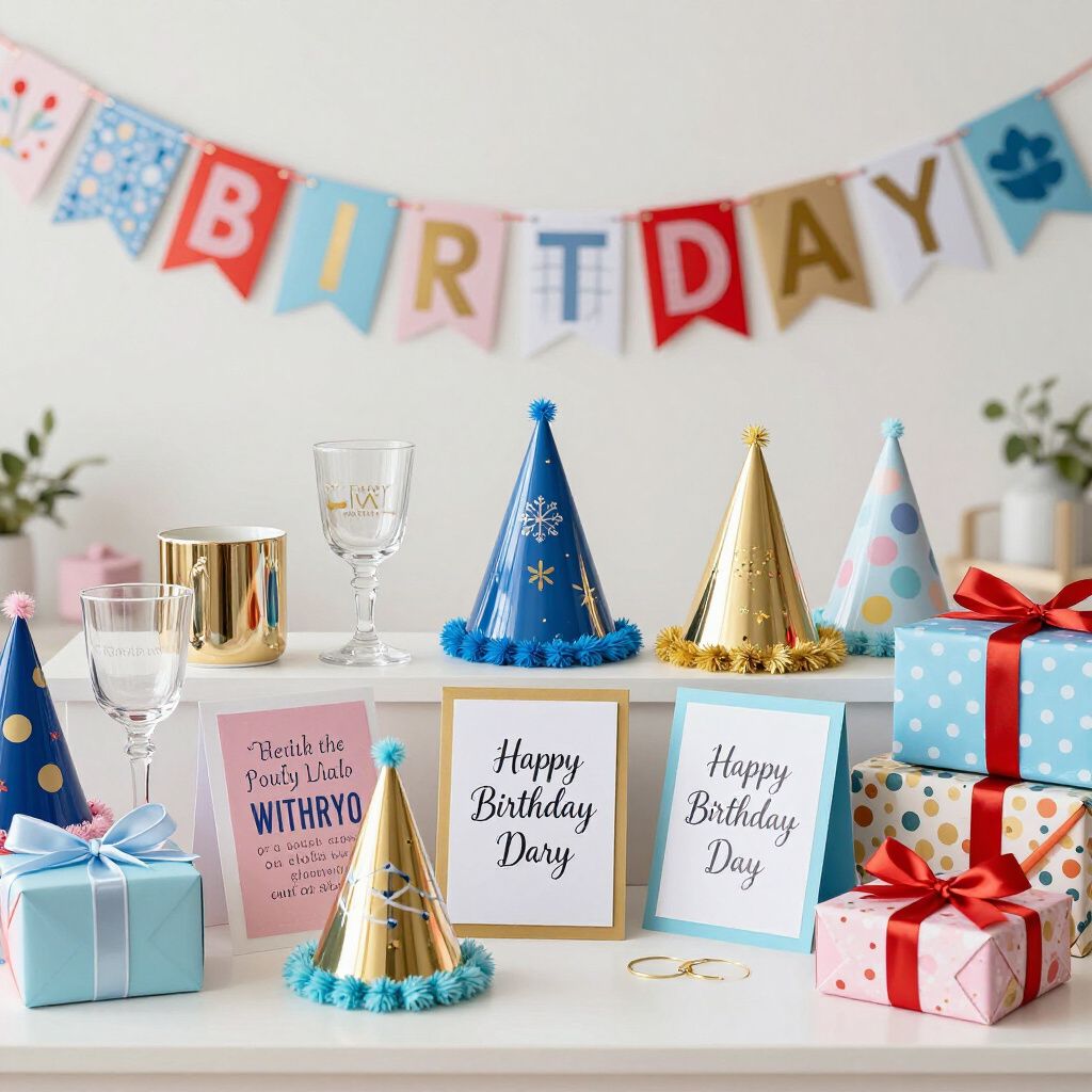 Birthday celebration with gifts, hats, cards, and a banner reading 