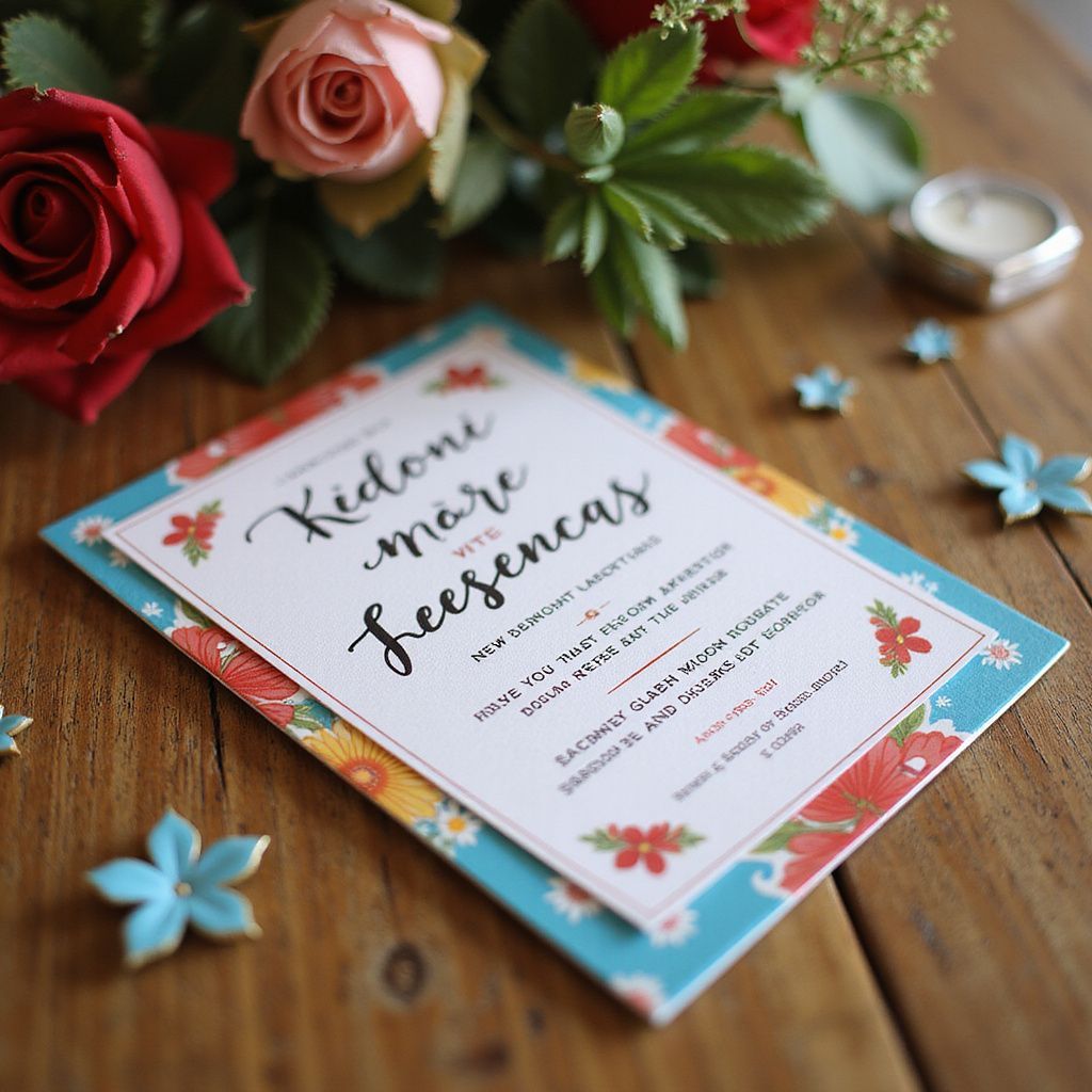 Wedding invitation on patterned paper with flowers and roses.